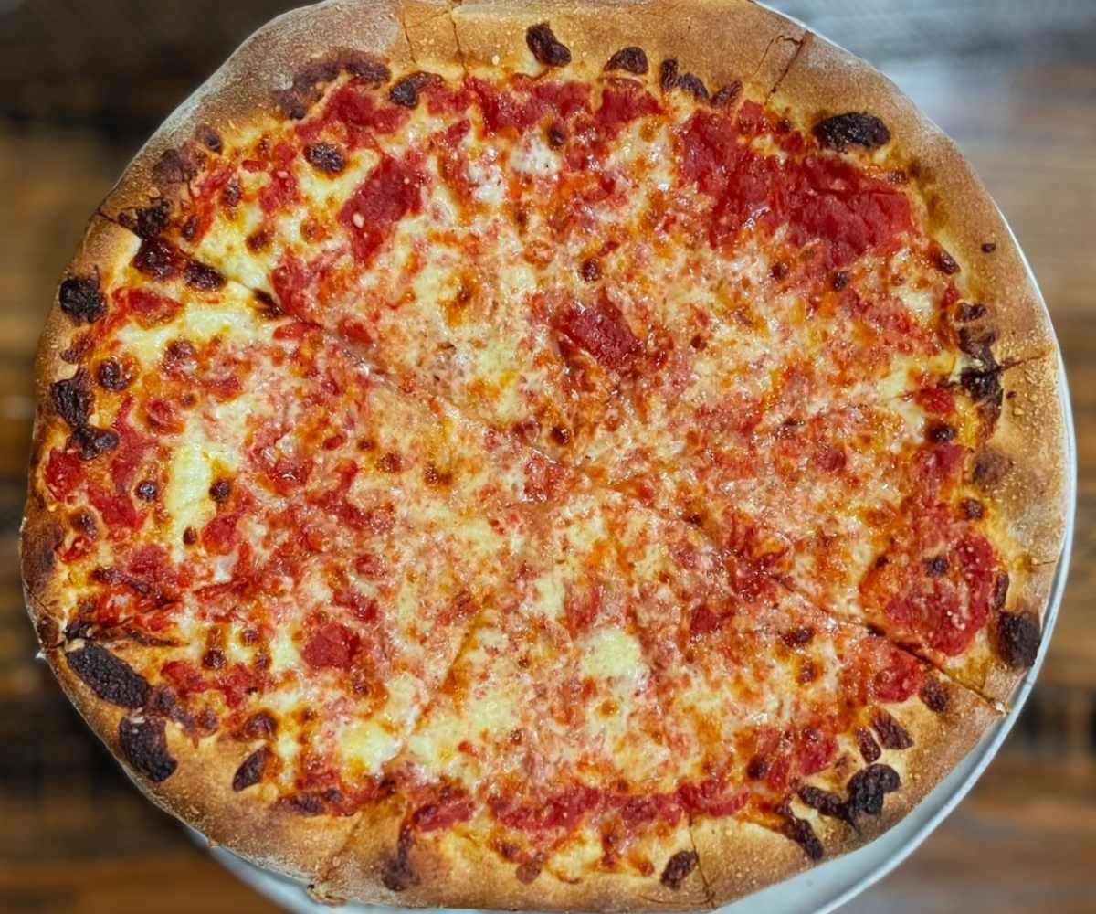 Italian cheese pizza at santarpio's pizza in Boston massachusetts