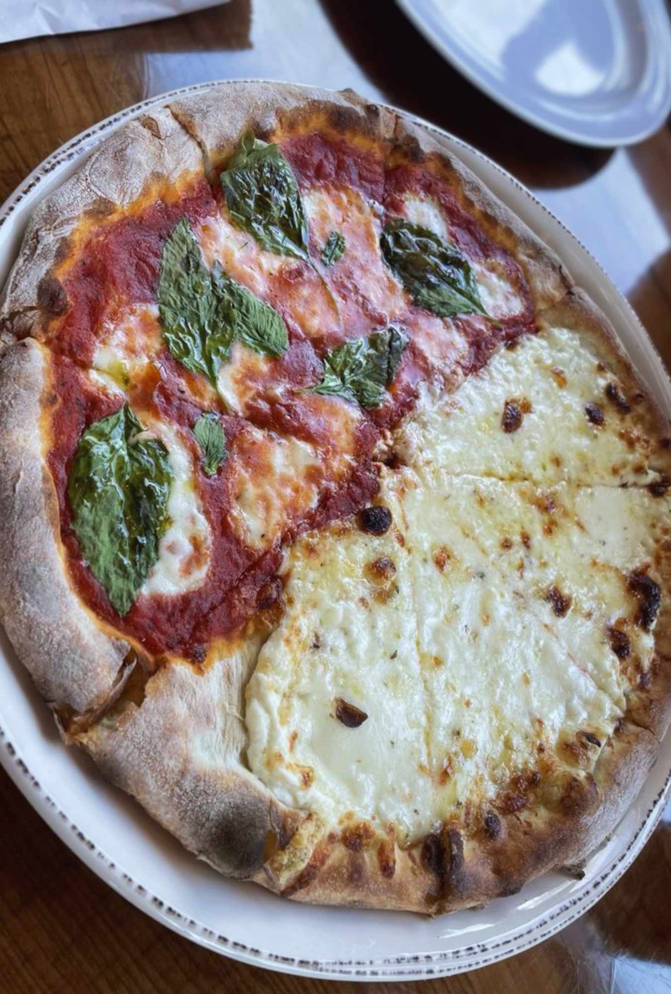 half margherita half white pizza at Bagigio's in Tallahassee, FL