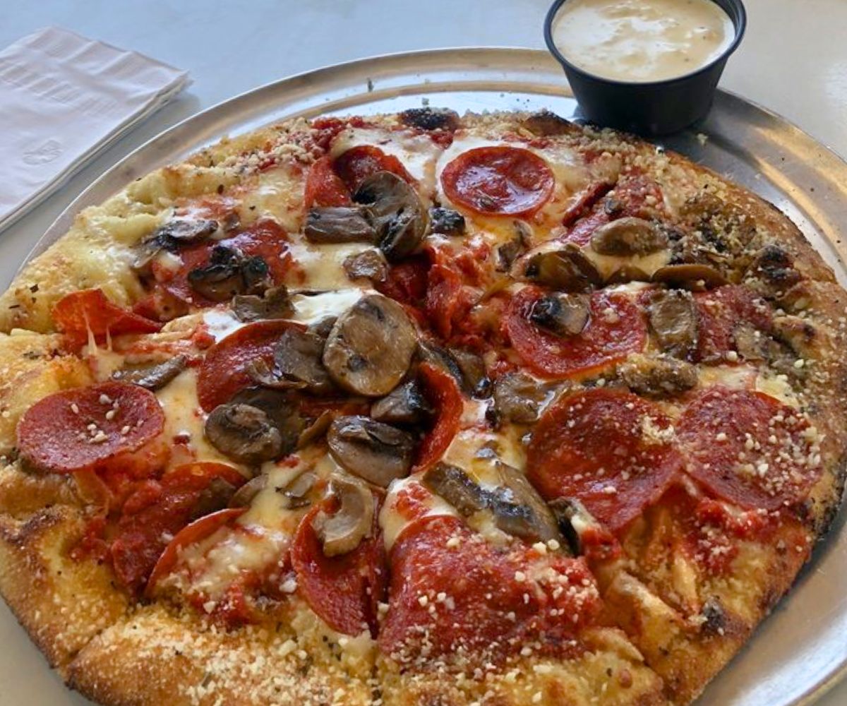 Pepperoni and Mushroom Pizza at Wildwood Pizza in Alexandria, Louisiana