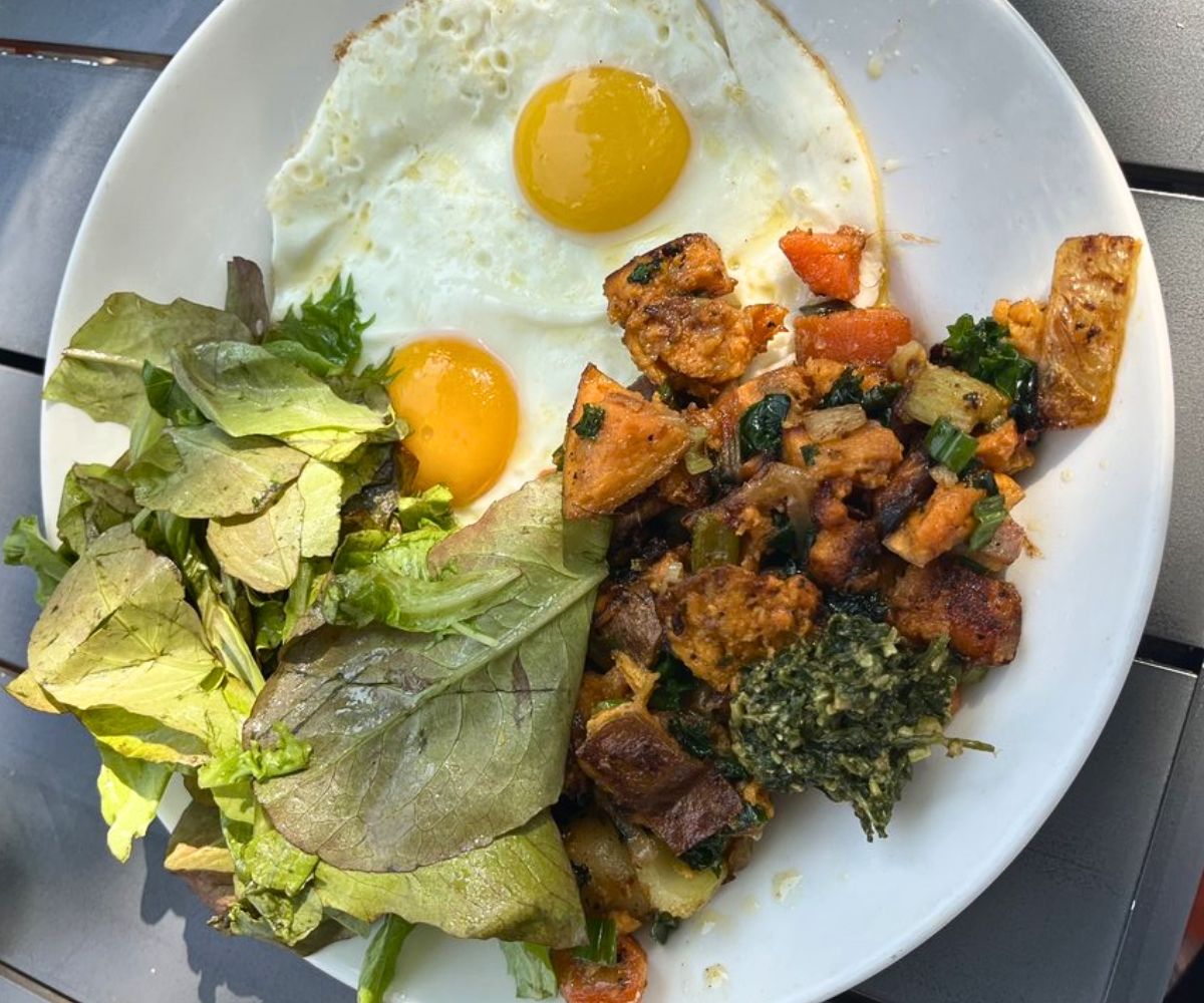 Roasted Sweet Potato, Kale & Pesto Hash at Marigold Kitchen in Madison, Wisconsin