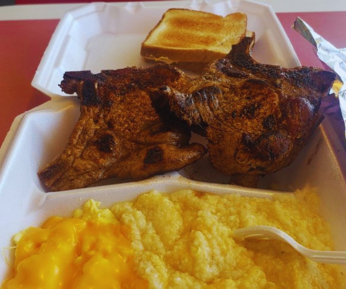 Greg's Breakfast Bar Cheese Grits, Cheese Eggs, Toast and Grilled Pork Chops