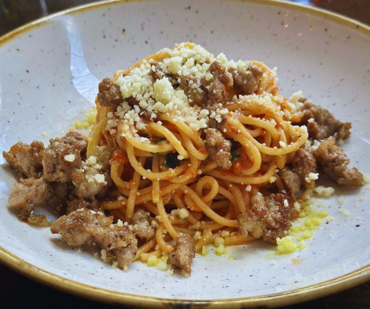 Spaghetti with Basil Oil, House Made Sausage and Pecorino