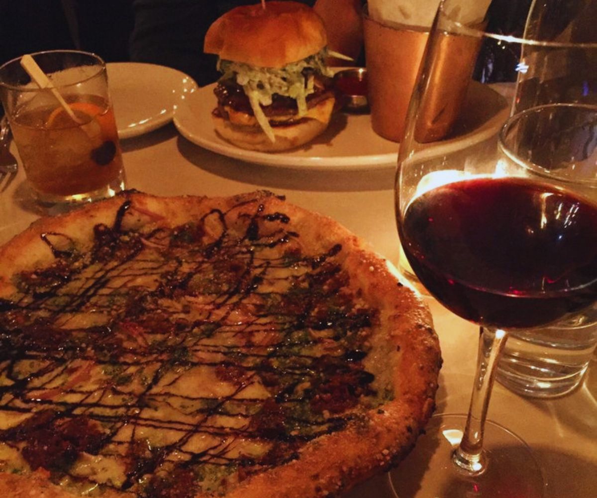 Bacon Pesto Pizza and Happy Hour Burger