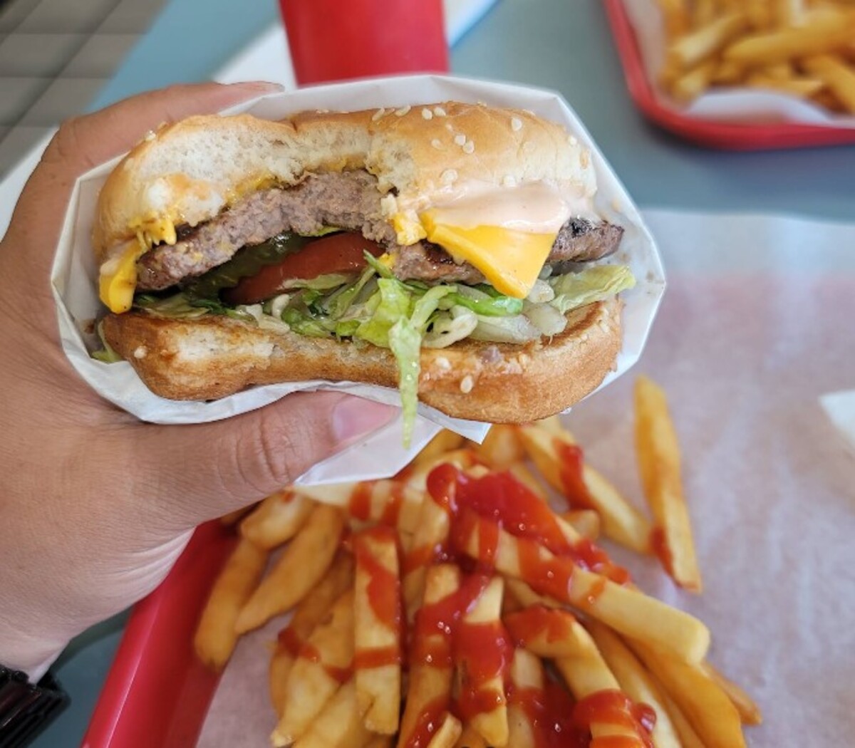 Food at Mission Burgers located in Riverside CA.