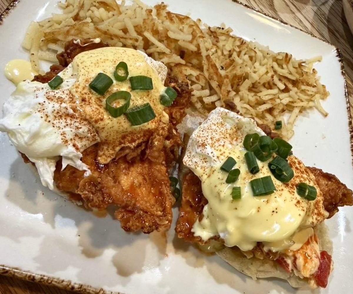 Hot Honey Chicken with Pimento Benedict at Young Cardinal Cafe in Winston-Salem, NC