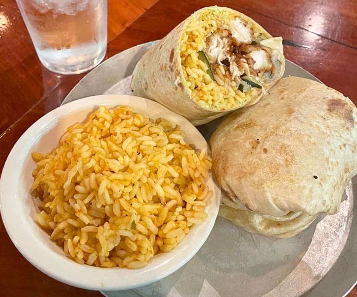 General Tso Chicken Burrito at Black Sheep Burrito and Brews in Charleston, West Virginia