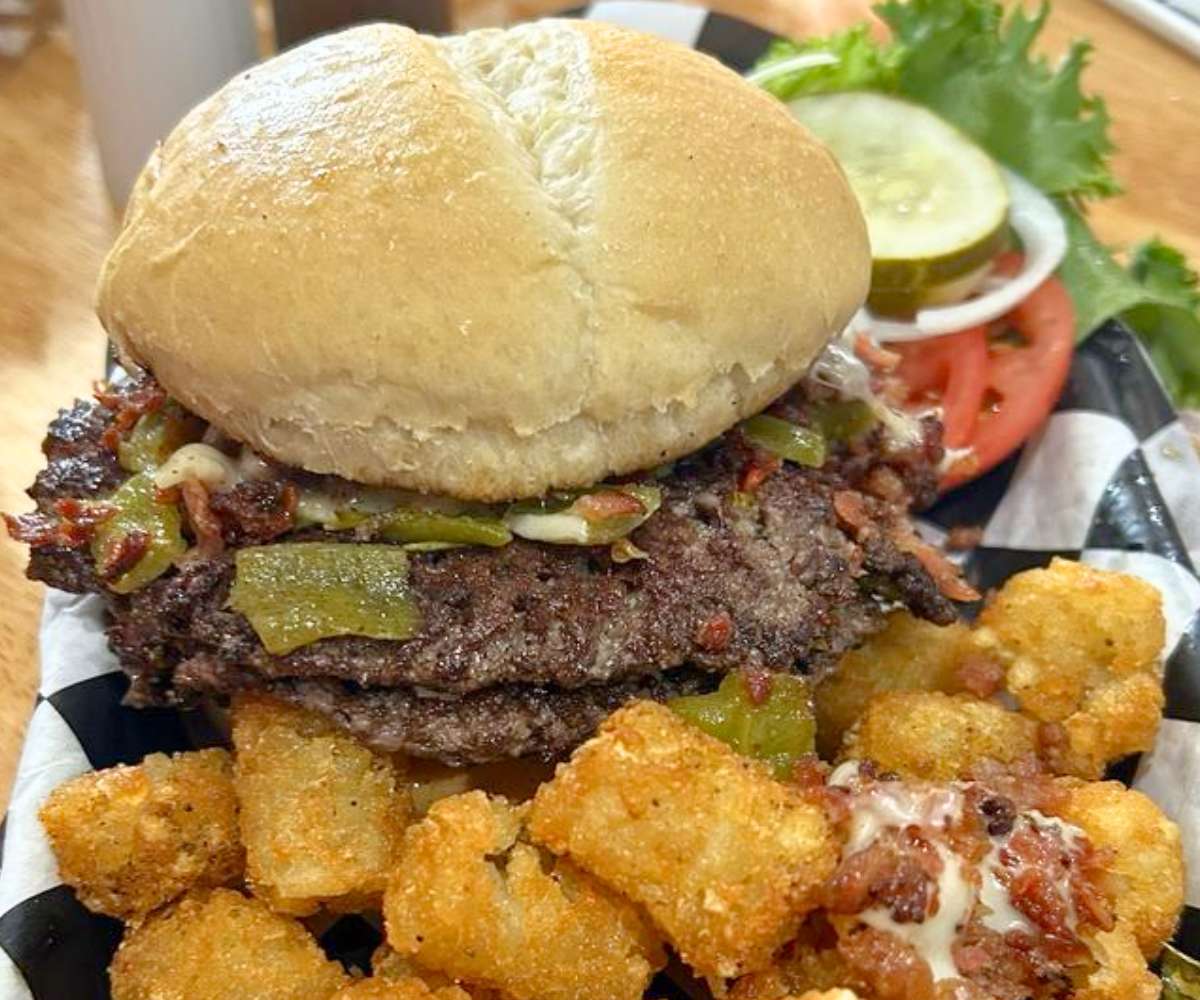 Hatch Green Chile Burger at Born In A Barn in Laramie, Wyoming
