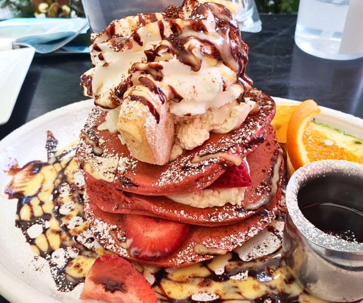 Red Velvet Tiramisu Pancakes at Cafe La Maude in Philadelphia, PA