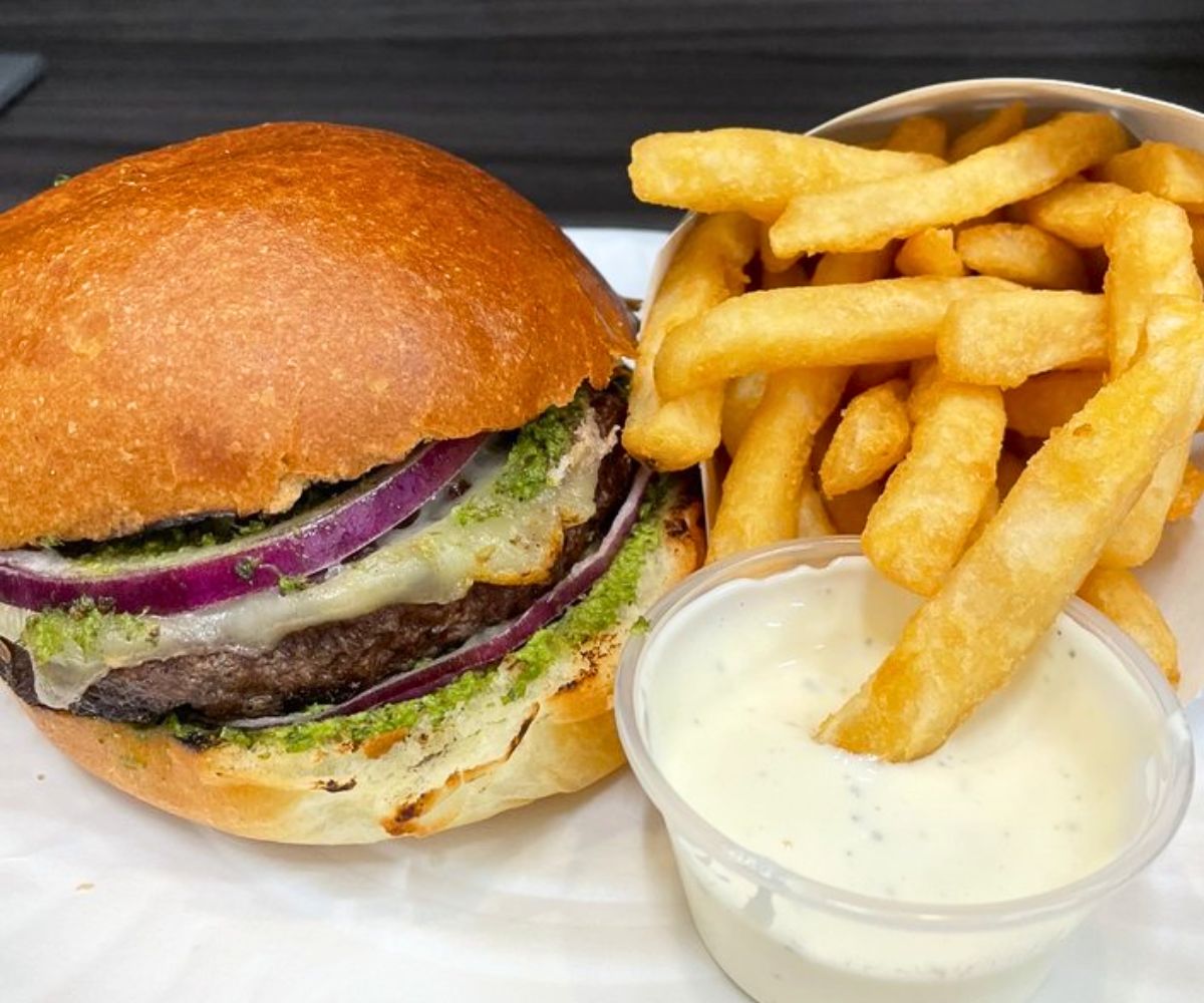 burger and fries at The Burger Spot in Garden City, New York