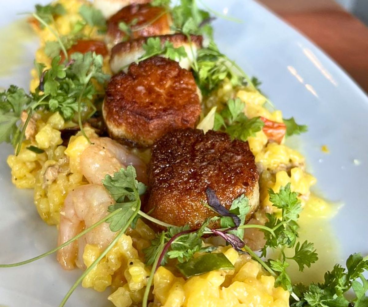 Seared Sea Scallops with Saffron Calasparra Rice at Revival Kitchen & Bar in Concord, New Hampshire