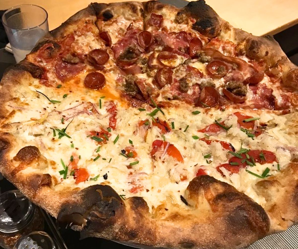 Half and half Meatlover and Dungeness Crab at Fiamma Pizza in Bellingham, WA