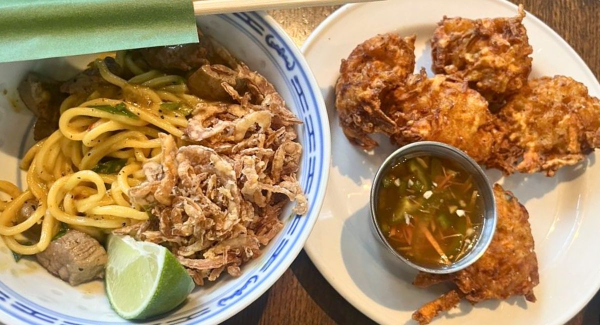 Chiang Mai Curried Noodles Rock Shrimp and Sweet Potato Fritters at Max's Trumbull Kitchen in Hartford, CT