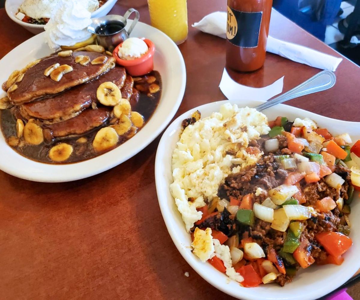 Bananas Foster Pancakes and the Chorizo Skillet at Scrambled Diner in Dyer, Indiana