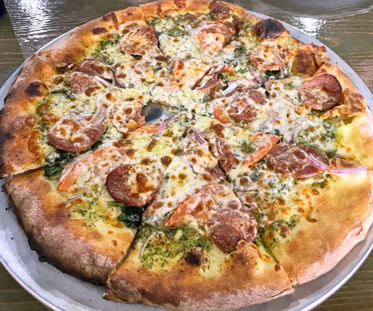 Andouille Sausage Pizza at Blue Skye Brewery & Eats in Salina, KS