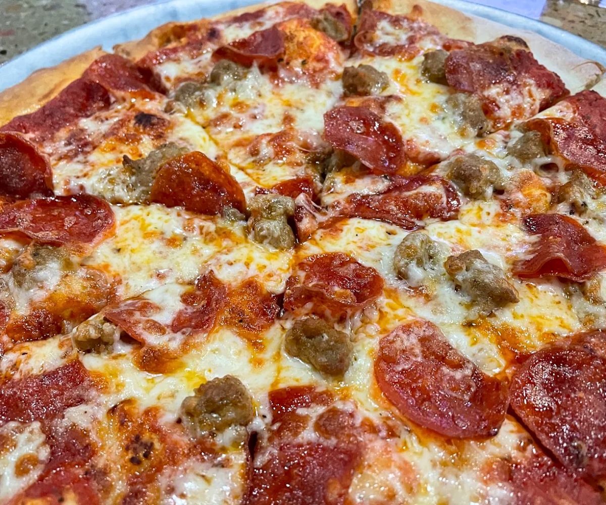 Pepperoni and sausage pizza at Blue Skye Brewery & Eats in Salina, KS