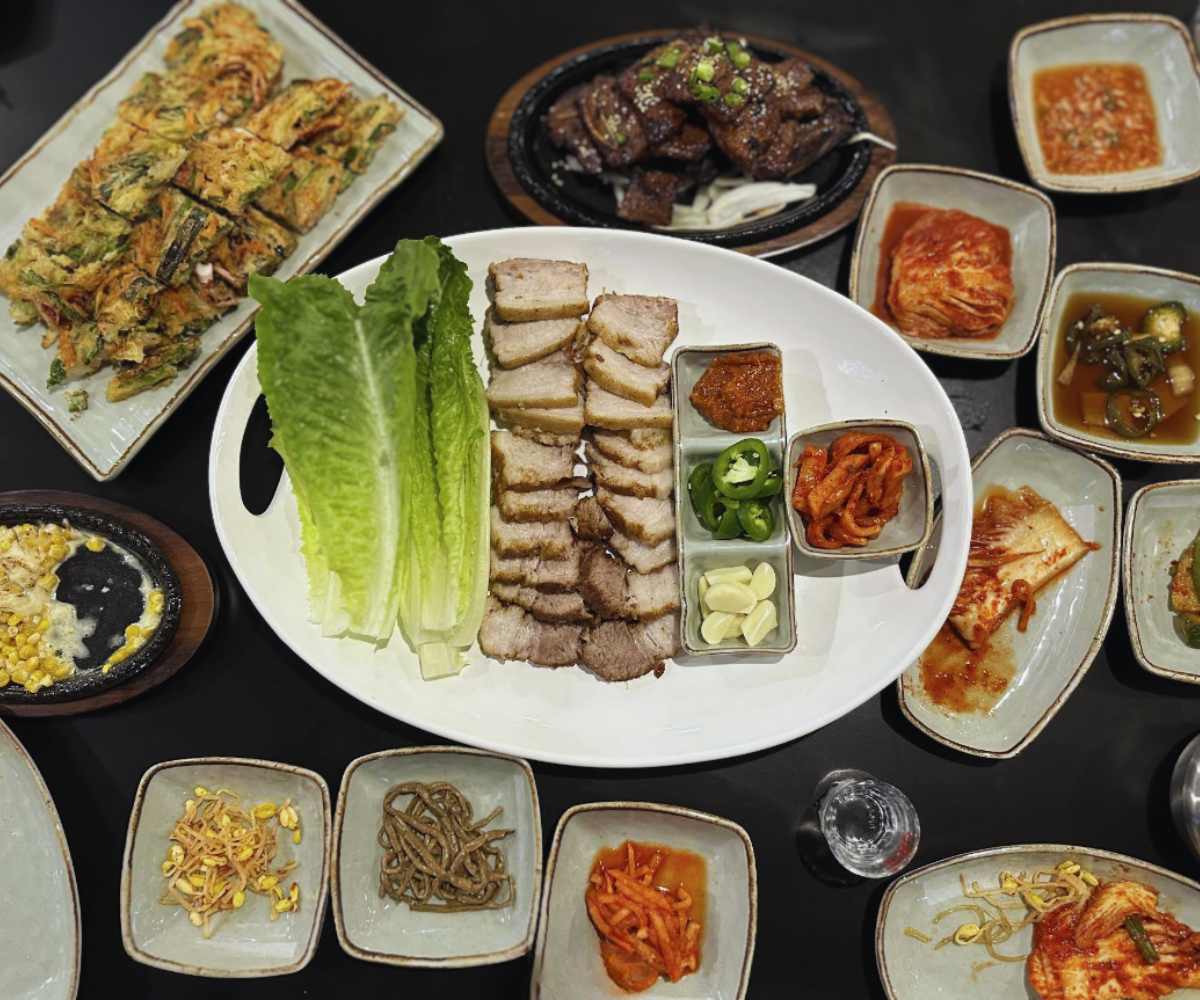 pork and side dishes at Hankki Korean Restaurant in Sacramento, CA