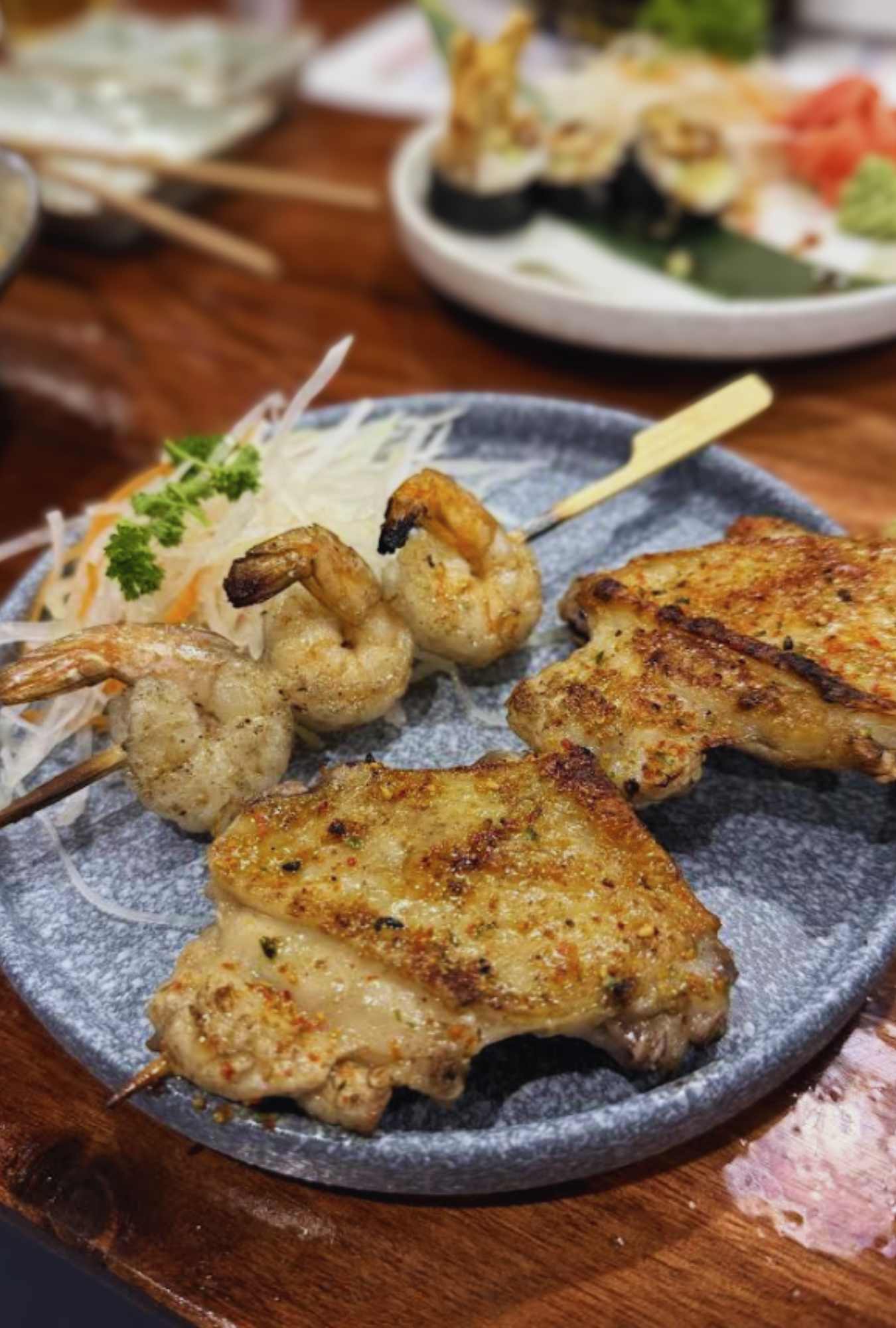 shrimp skewers and port at shinobi restaurant and bar in arlington texas