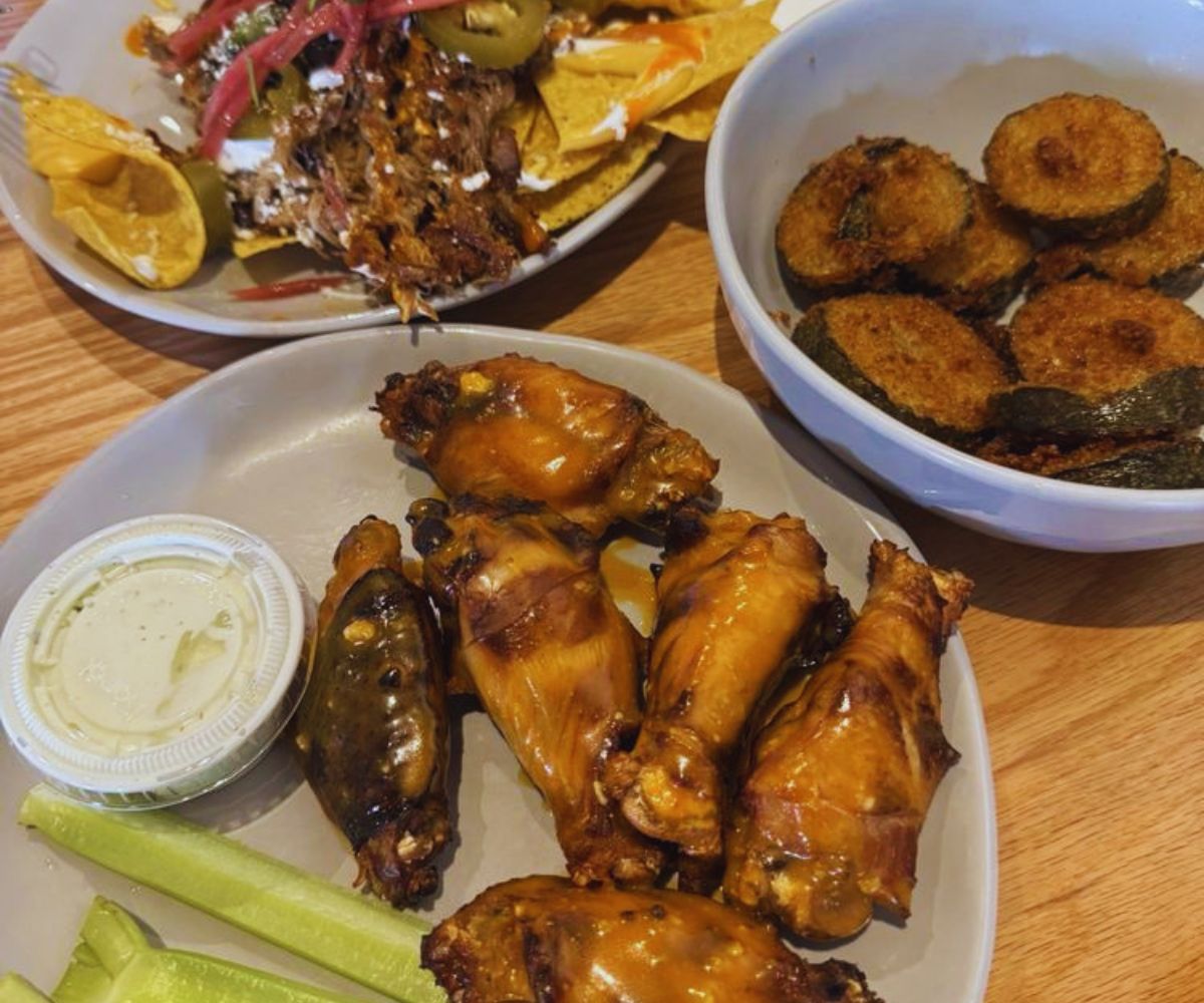 Nine Giant Brewing - Carnitas Nachos, Smoked wings, Fried Pickles