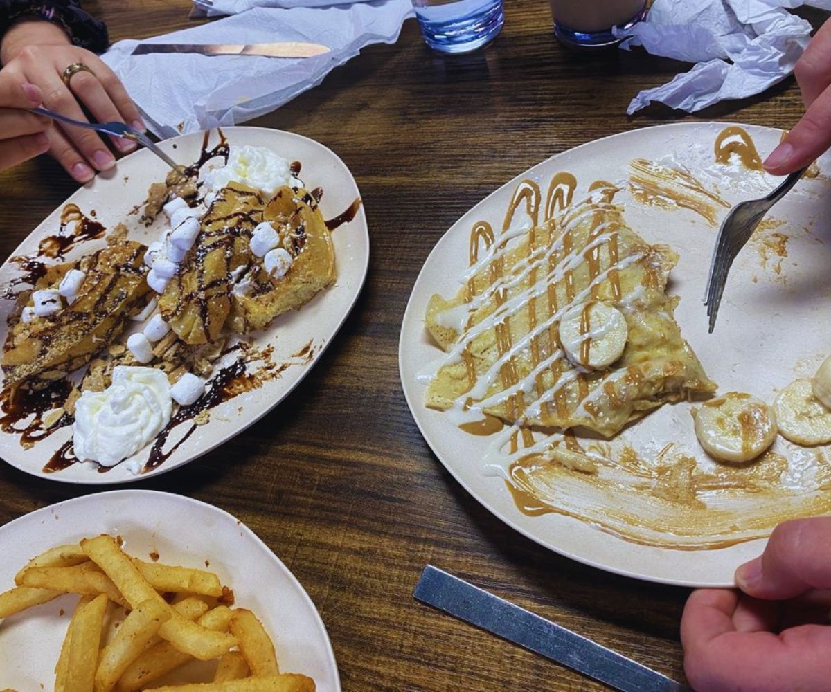 Crepeology Cafe - S'mores Waffle, Banana Fluffernutter Crepe, & Fries
