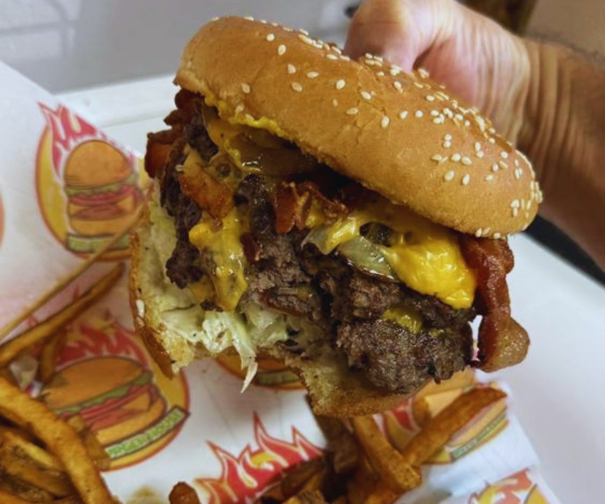 The Burger House - Bacon Cheeseburger Close-up with Fries
