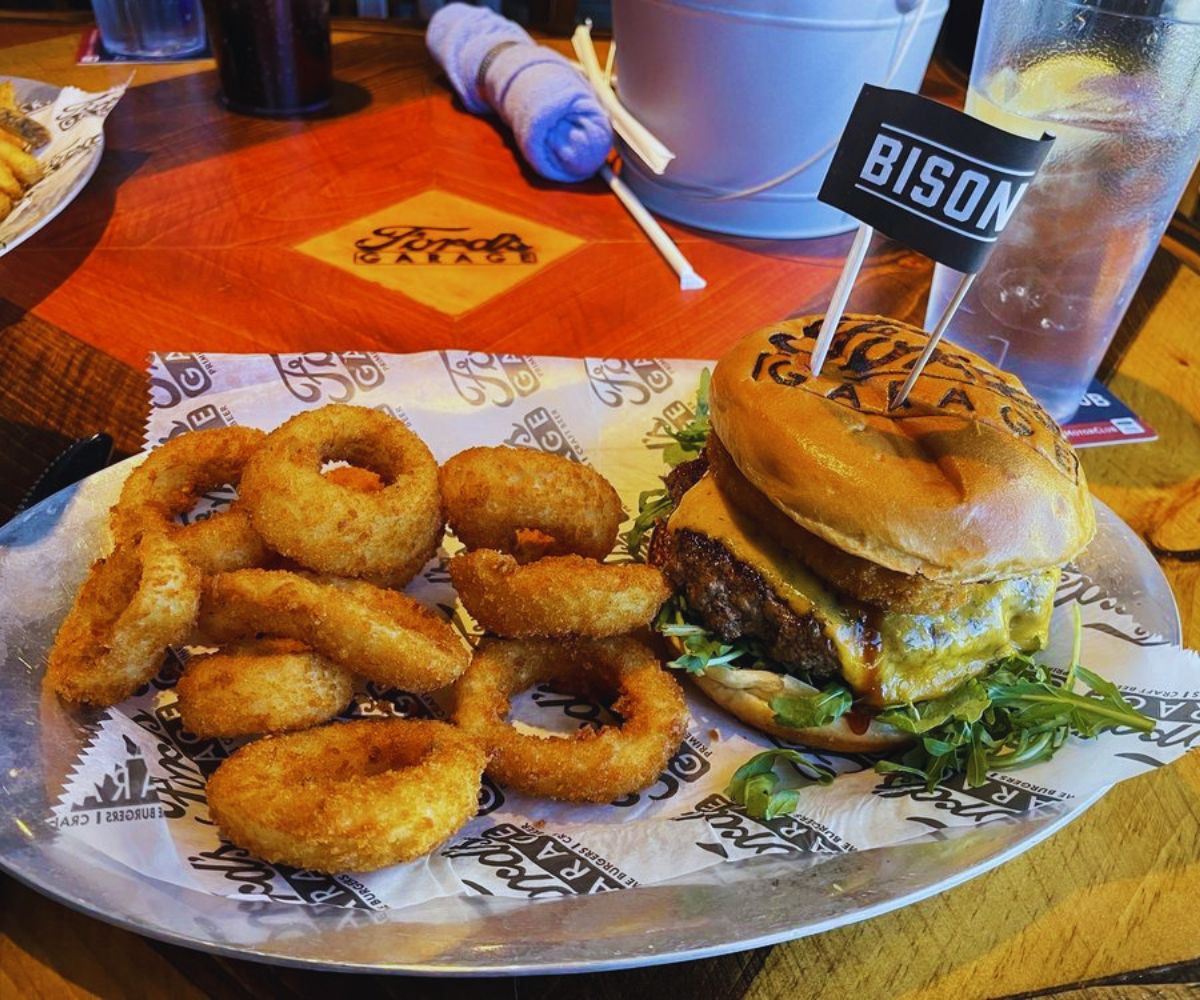 Ford's Garage - Bison BBQ Bacon Burger & Onion Rings