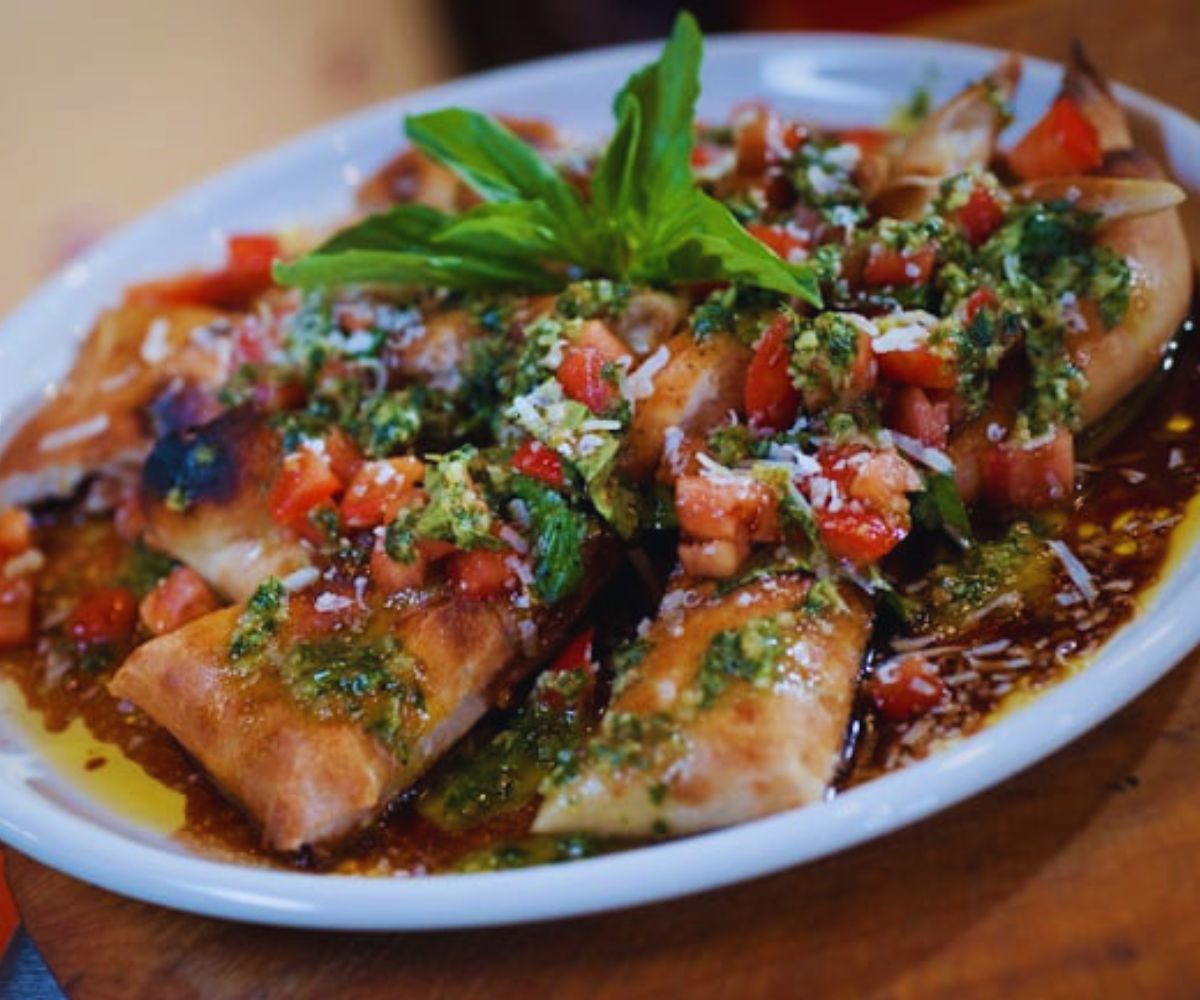 Three Fires - Bruschetta - Balsamic Tomatoes, Basil Pesto, Parmesan, Olive Oil