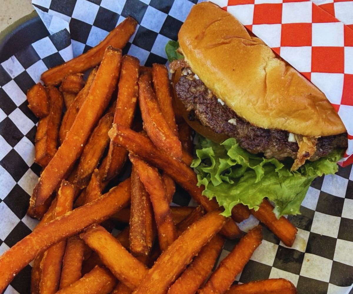 Aztec Burgers - Mushroom Swiss Burger & Sweet Potato Fries