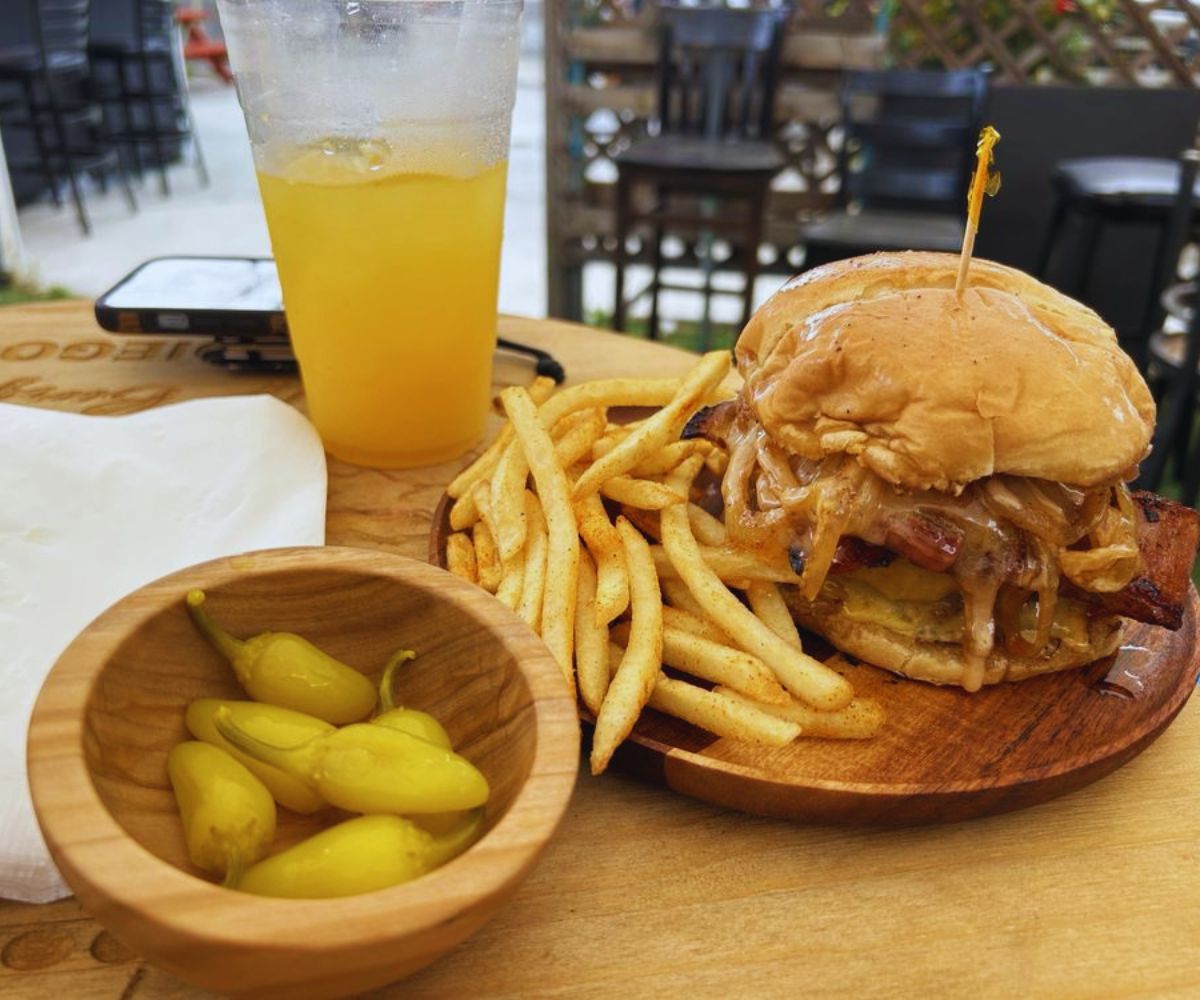Rey TJ Burgers - Bacon Onion Burger with Fries and Drinks and Peppers