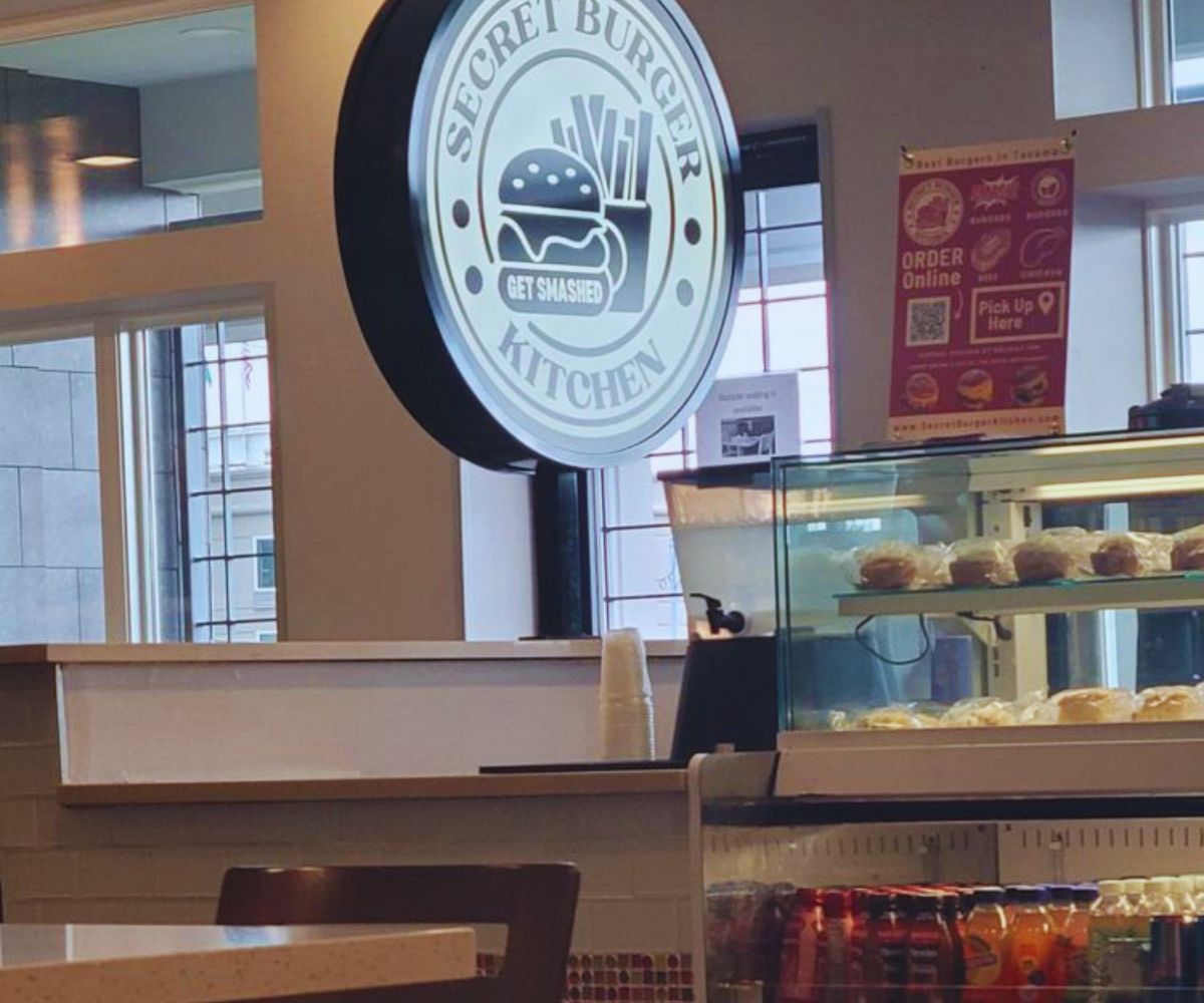 Secret Burger Kitchen Tacoma Smash Burgers - Inside Signage & Dining Area