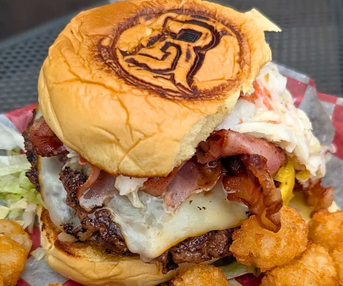 burger at Roots Burger Bar in Muncie, Indiana