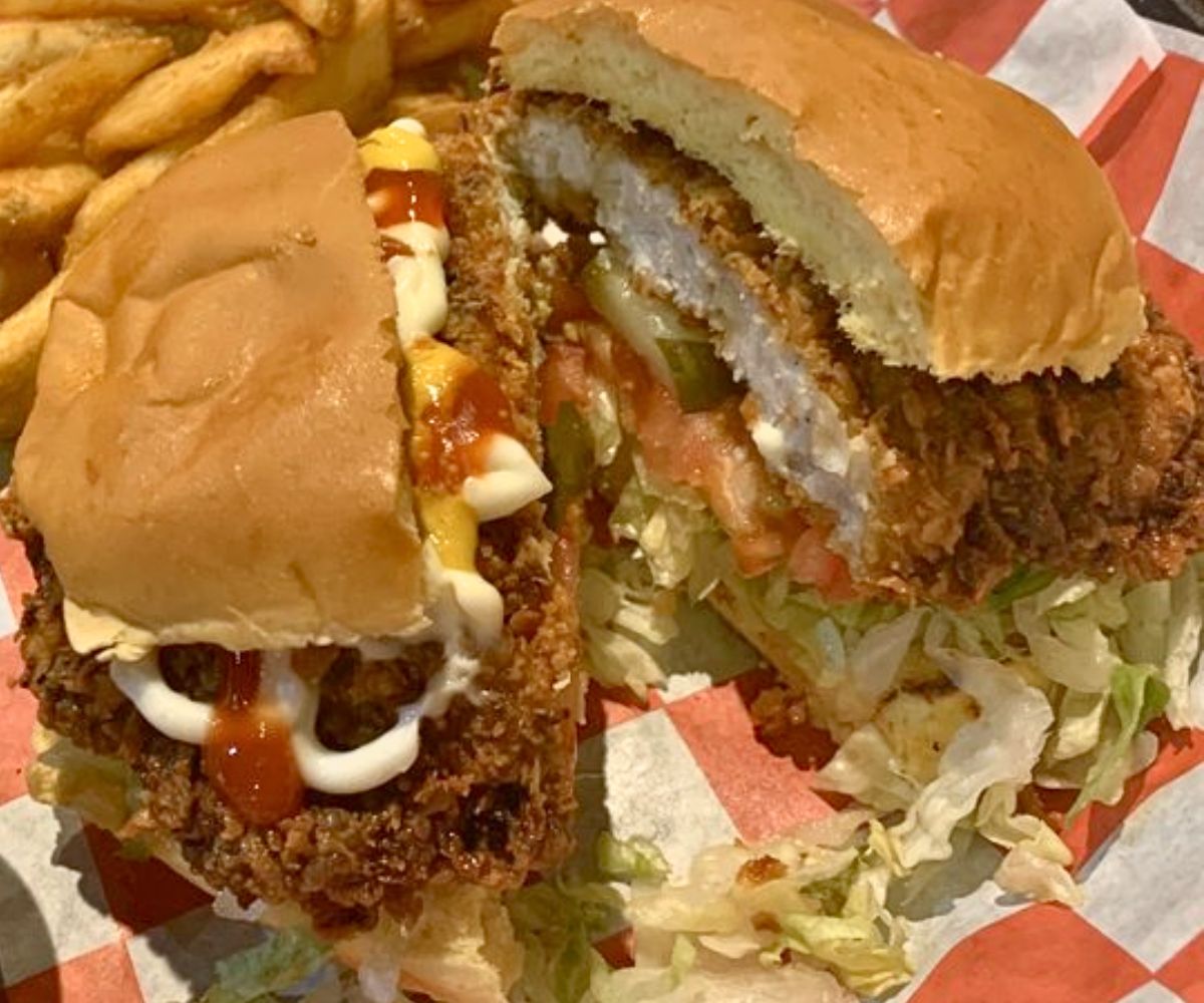 Mom's Tenderloin Burger at Roots Burger Bar in Muncie, Indiana