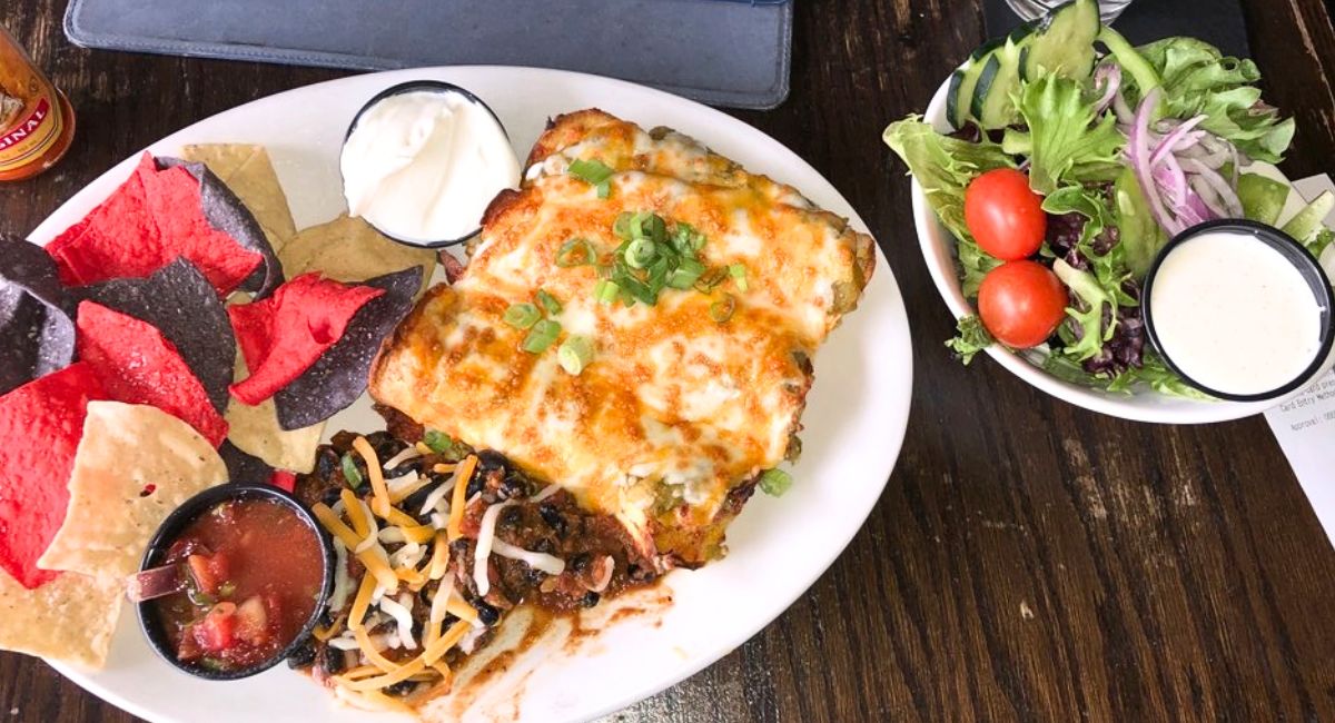 enchiladas and a side salad at Tamarack Brewing Company in Missoula, Montana
