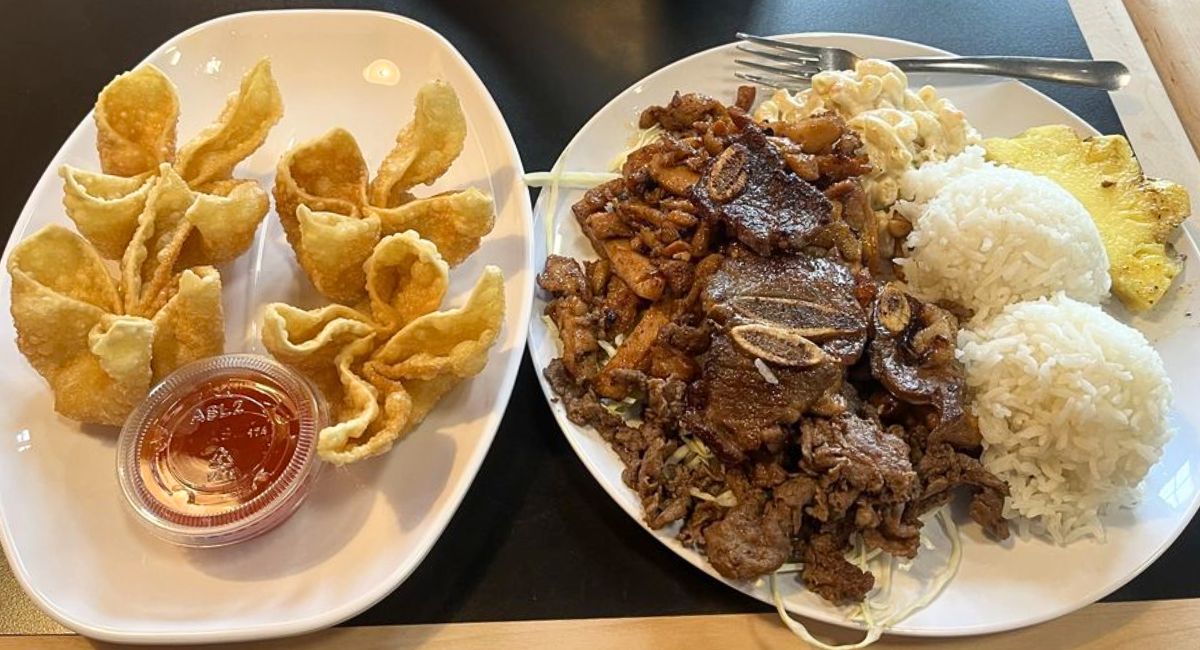 crab rangoons (left) and bbq mix plate (right) at Alohana Hawaiian Grill in Ankeny, Iowa