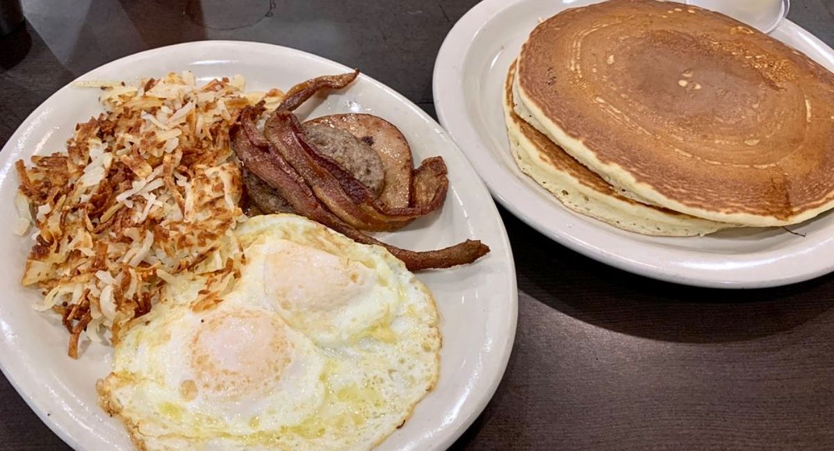 Good Day Sampler and Pancakes at Good Day Cafe in Grand Prairie, TX