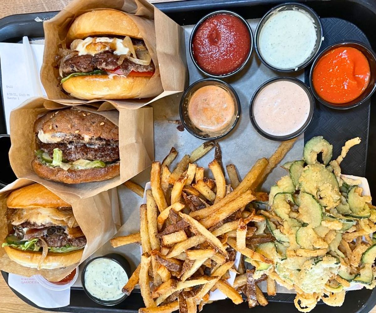 burgers and fries at Wild Pastures Burger in Boulder, Colorado