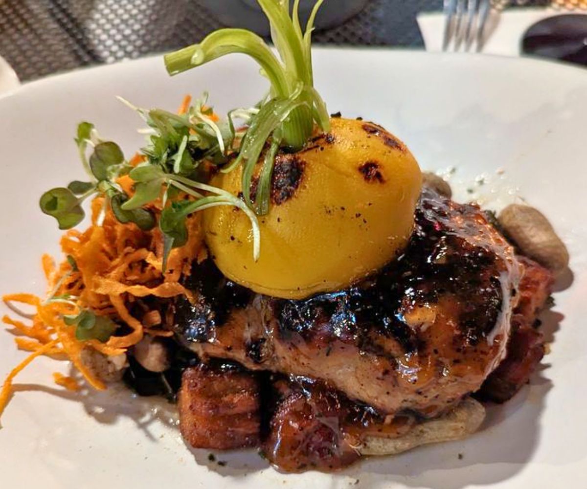 Peach Glazed Pork Flat Iron at Square Root in Brevard, North Carolina