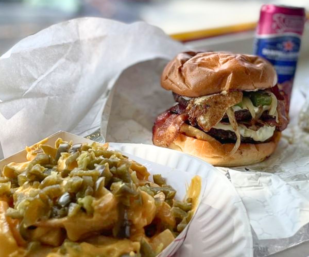 burger and fries at Lee's Burger Place in Newton Centre, Massachusetts