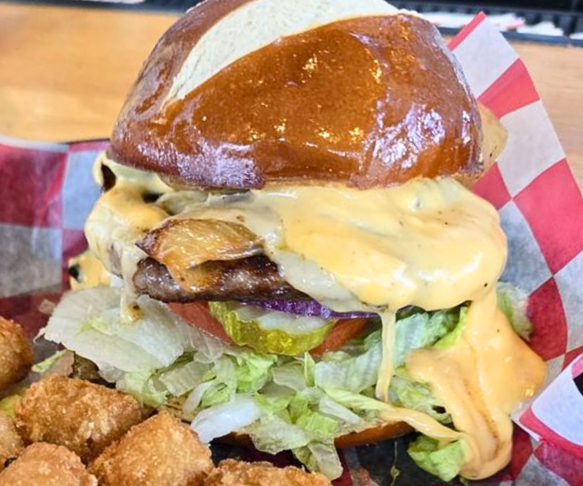 Oktoberfest Dad Bod Brat Burger at Roots Burger Bar in Muncie, IN