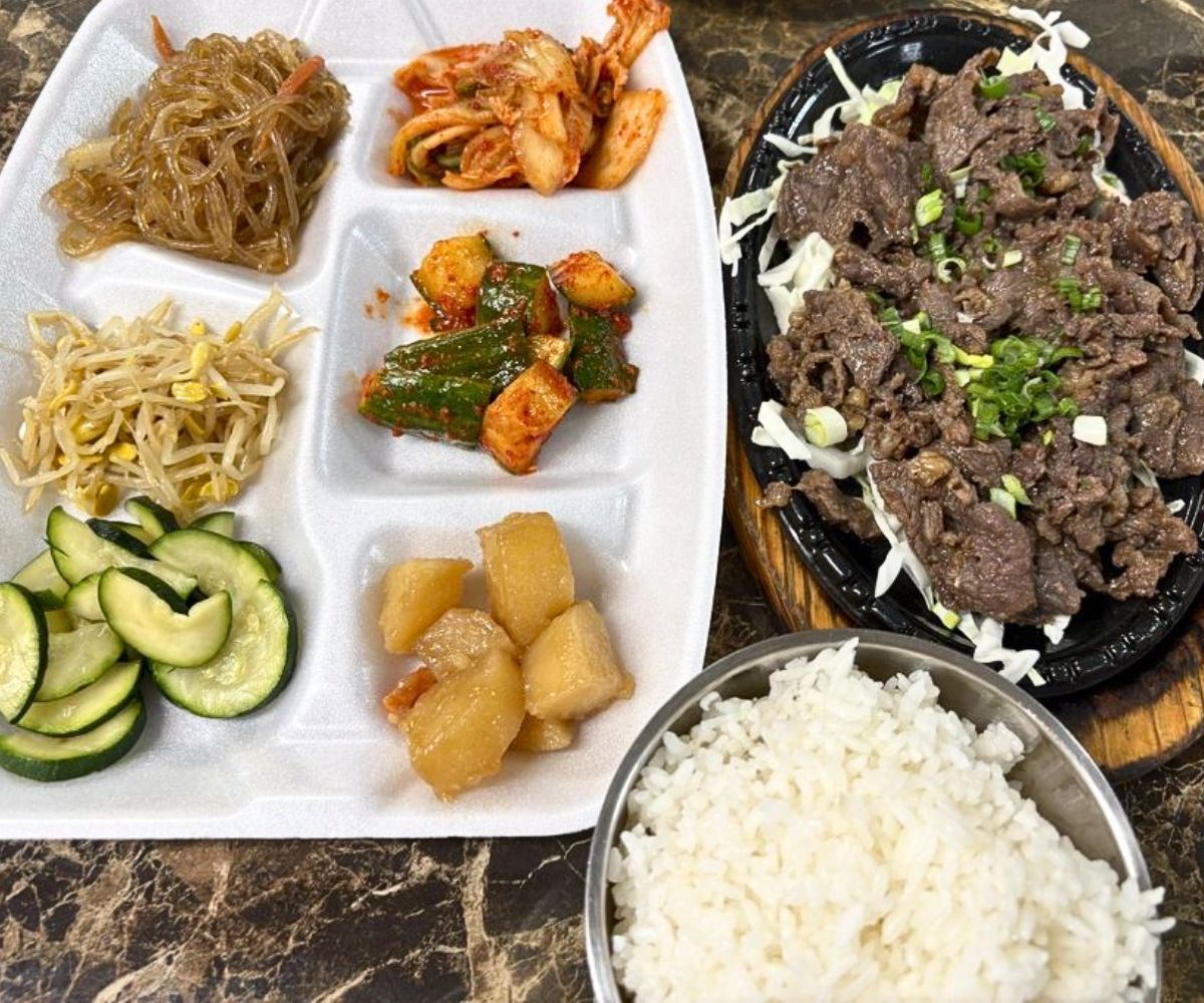 Beef bulgogi with banchan at Hawaiian BBQ & Korean Restaurant in Midwest City, OK