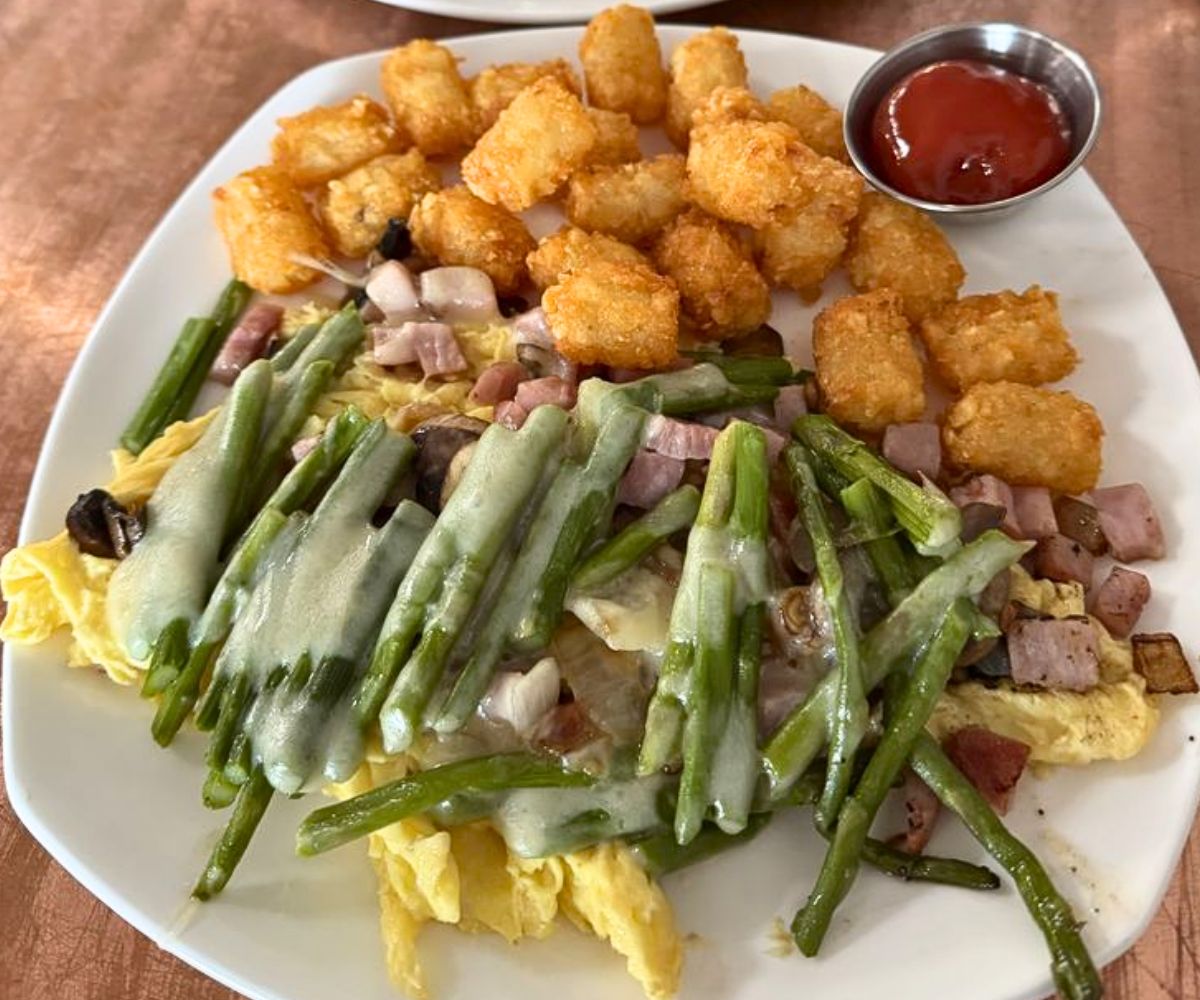 Breakfast Special: Asparagus Scrambled Eggs, Taters at The Good Place in Hudson, NH