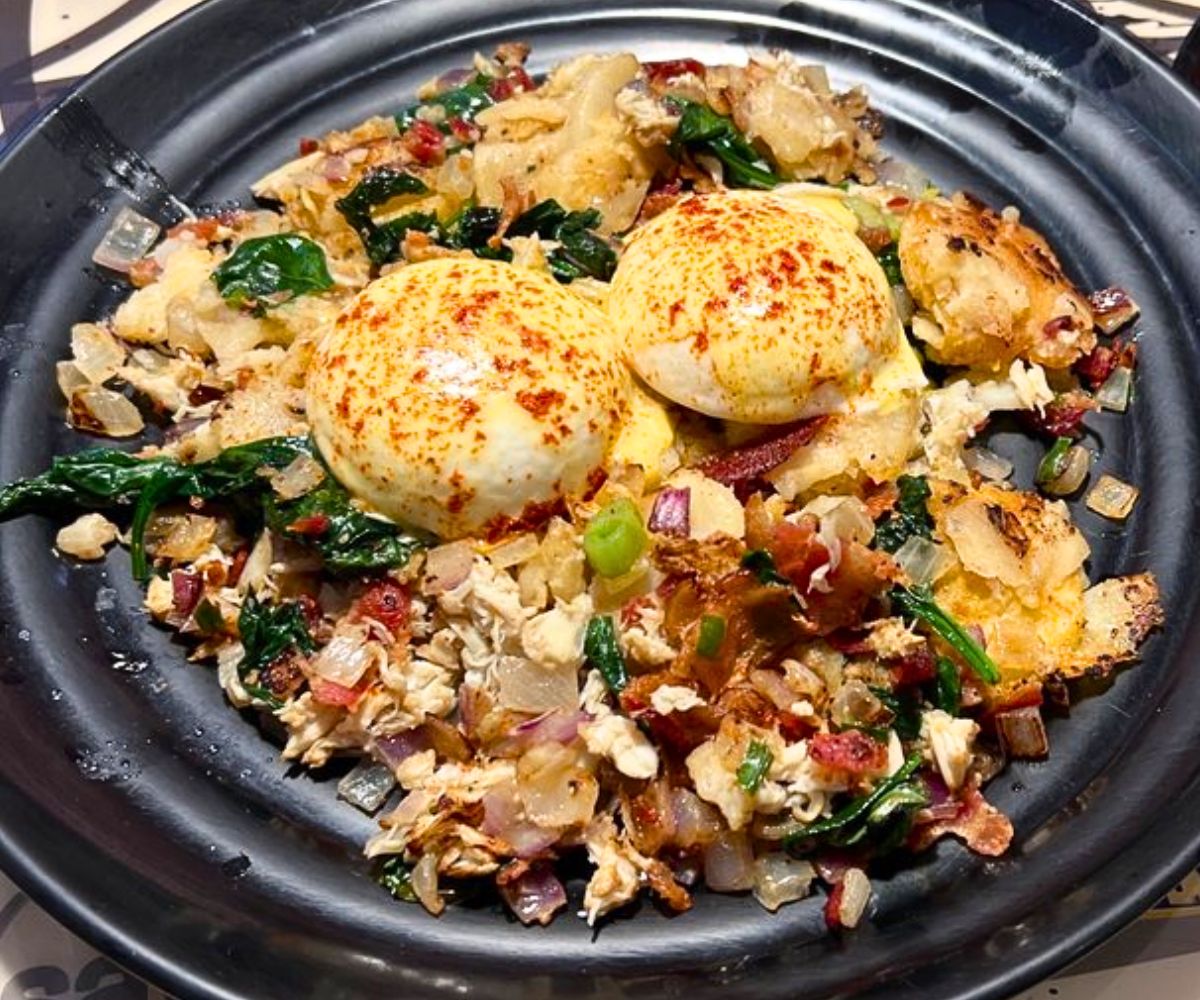 Crab Hash with Poached Eggs at The Breakfast Shoppe in Severna Park, Maryland