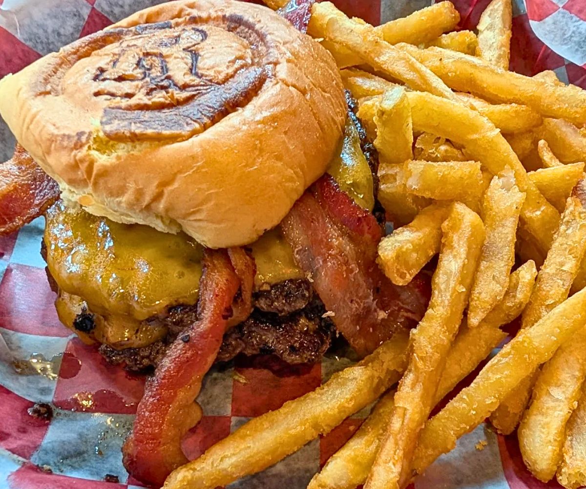 double burger at Roots Burger Bar in Muncie, Indiana