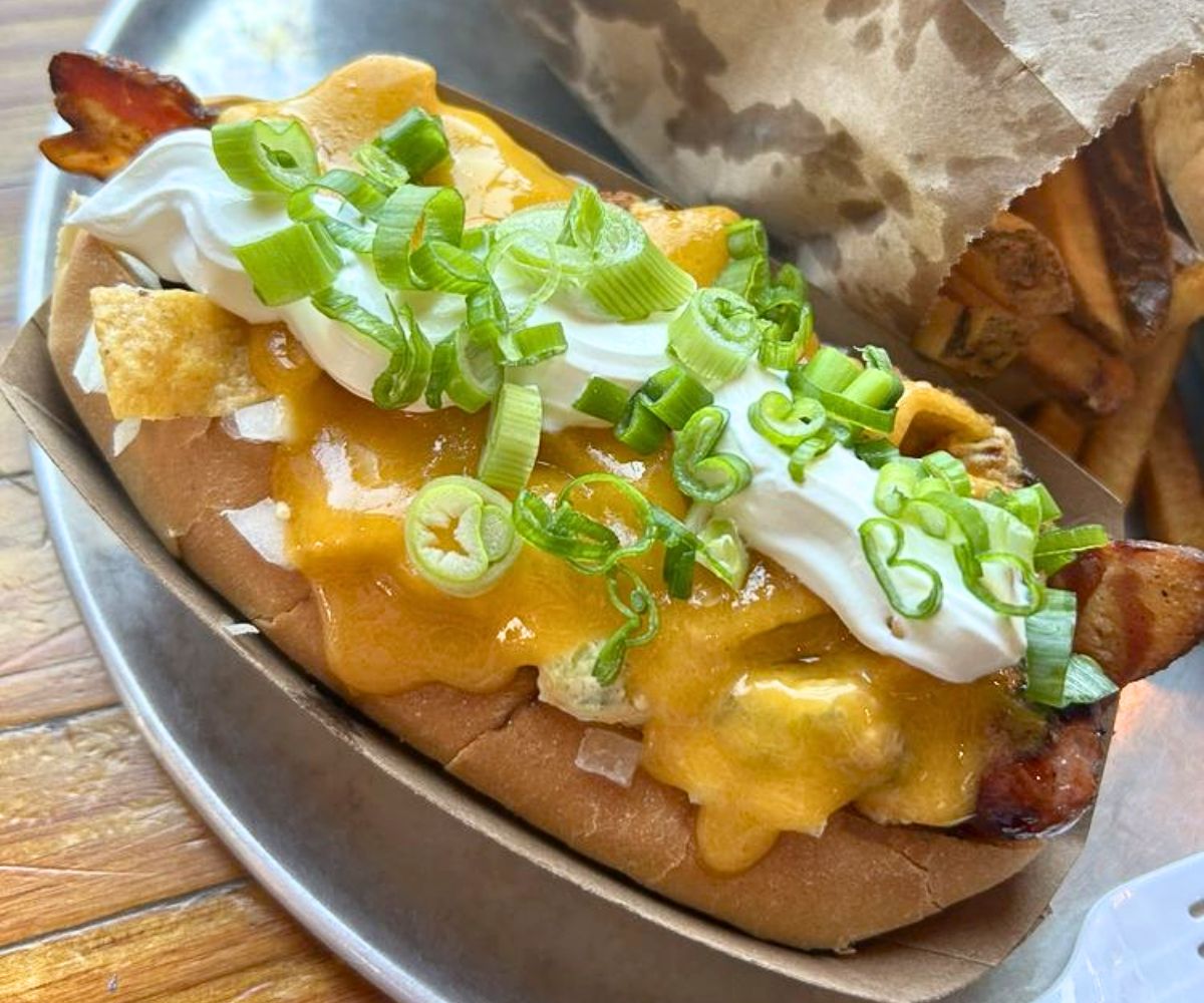 The Nacho Poppa Dog at Riley's Hot Dog & Burger Gourmet in New Britain, Connecticut