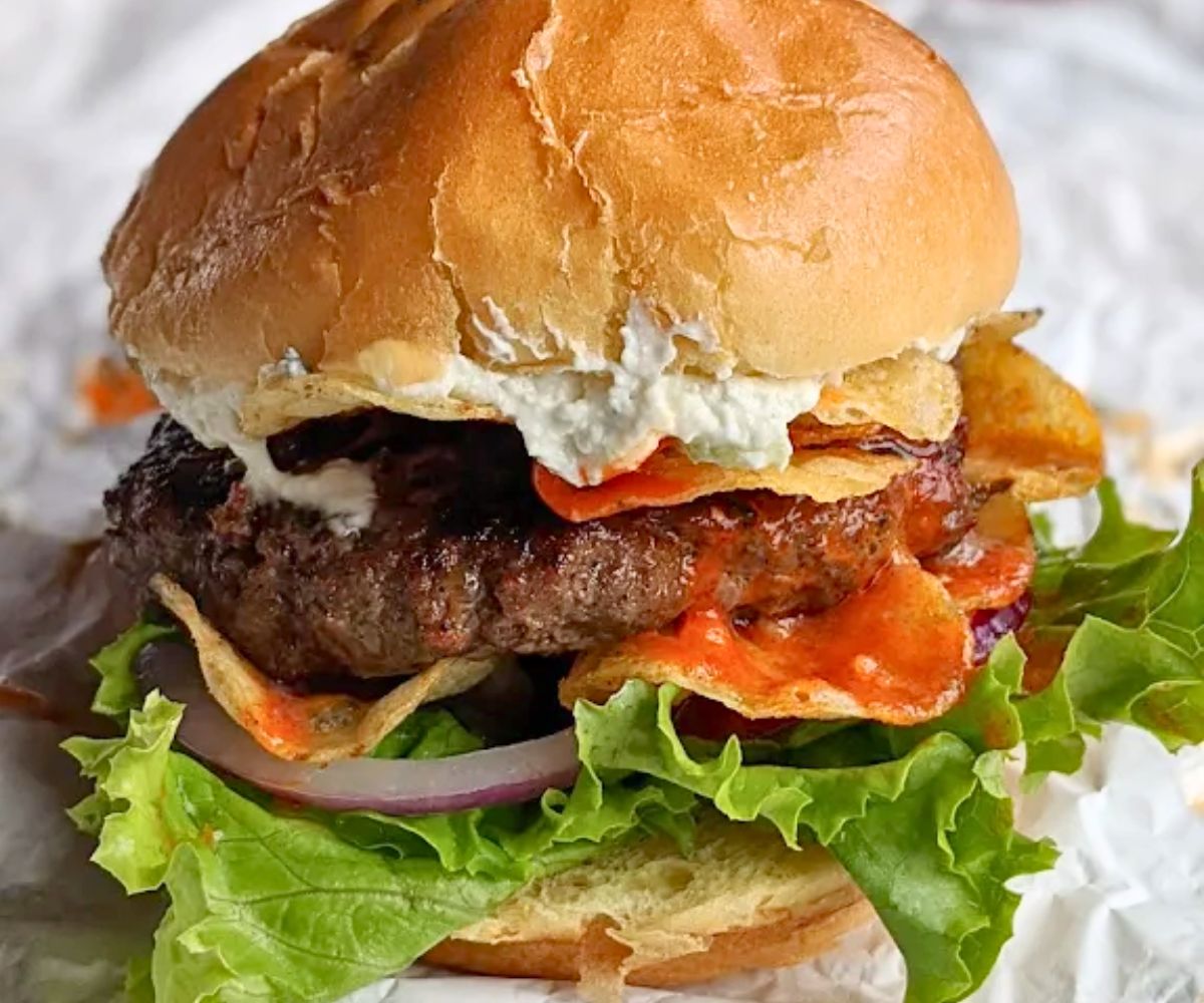 Buffalo Blue Burger at Riley's Hot Dog & Burger Gourmet in New Britain, CT