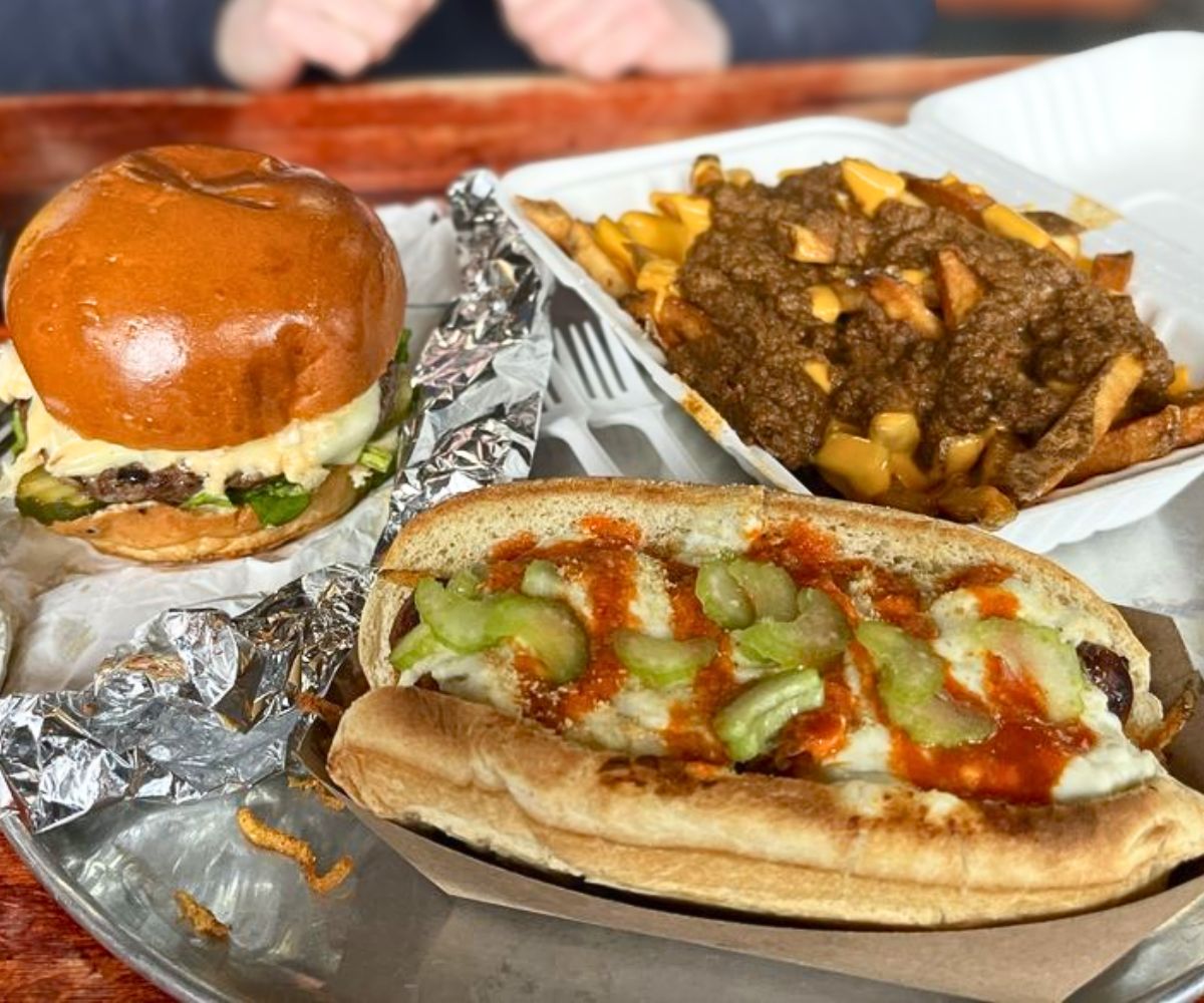 Lil smack burger, Buffalo blue scooby doo dog, small chili cheese fries at Riley's Hot Dog & Burger Gourmet in New Britain, CT