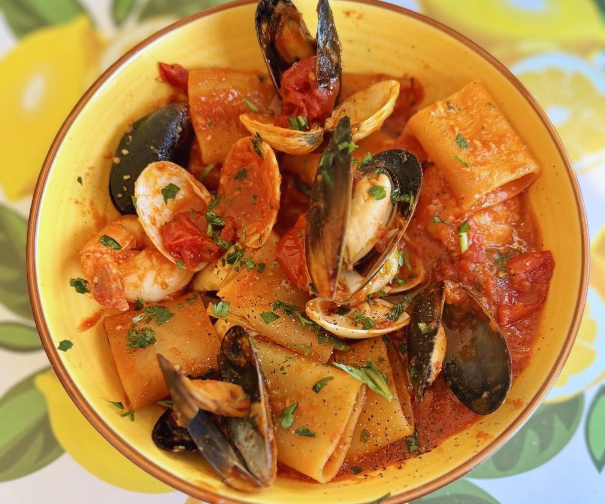 Paccheri Allo Scoglio - Pasta with Mussels, Clams, Shrimp in a fresh cherry tomato sauce at amalfi in orlando Fl
