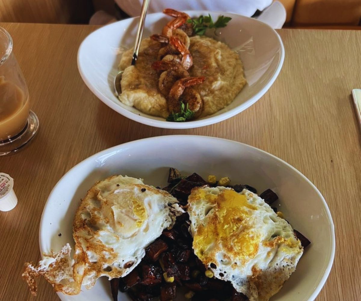 Scrambl'd - Sweet Potato Hash with Eggs, Shrimp & Grits