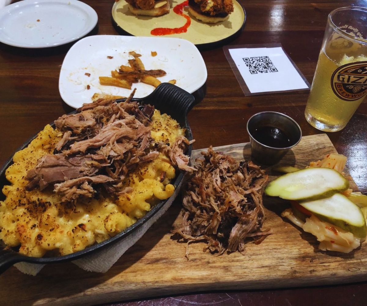 SmokeStacks Cafe - Pulled Pork Mac N' Cheese with a local Mexican Lager