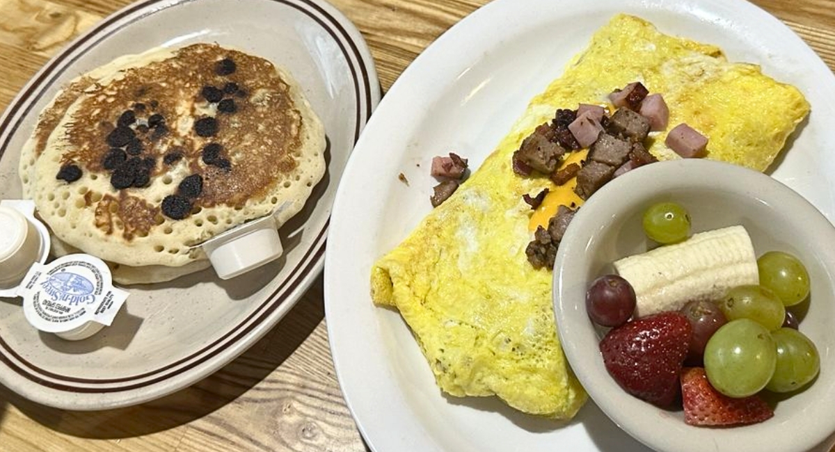 carnivore omelet and pancakes at Hanging Five Family Restaurant in Butte, Montana