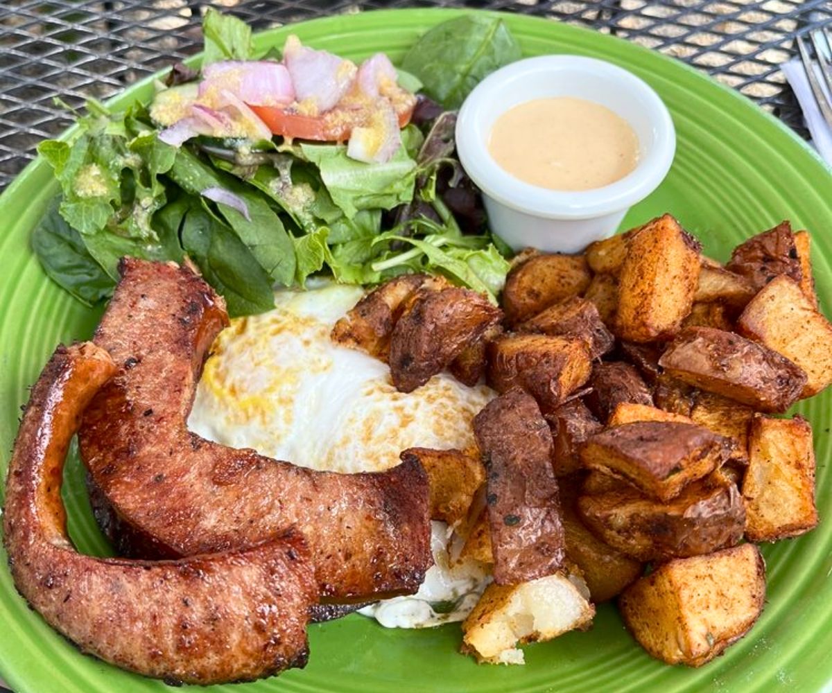 Andouille sausage breakfast at Gutiz in Taos, New Mexico